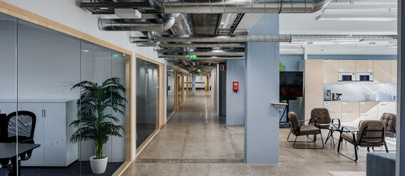 Joint kitchen and office corridor at A Grid.