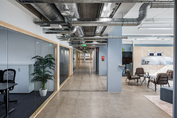 Joint kitchen and office corridor at A Grid.